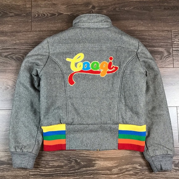 Coogi Womens Carpet Logo Rainbow Pride Full Zip Gray Wool Varsity Bomber Jacket - Picture 1 of 9